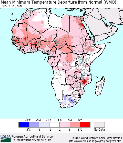 Africa Mean Minimum Temperature Departure from Normal (WMO) Thematic Map For 9/14/2020 - 9/20/2020