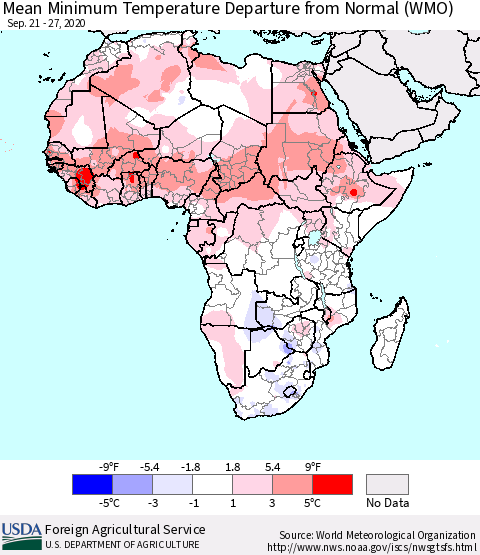 Africa Mean Minimum Temperature Departure from Normal (WMO) Thematic Map For 9/21/2020 - 9/27/2020