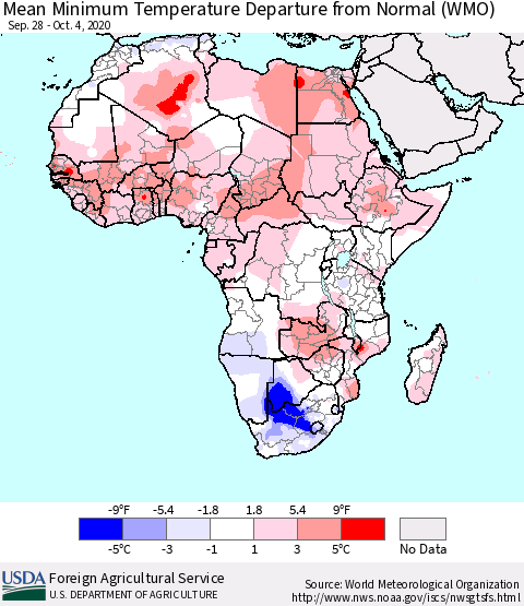 Africa Mean Minimum Temperature Departure from Normal (WMO) Thematic Map For 9/28/2020 - 10/4/2020