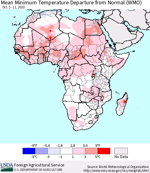 Africa Mean Minimum Temperature Departure from Normal (WMO) Thematic Map For 10/5/2020 - 10/11/2020