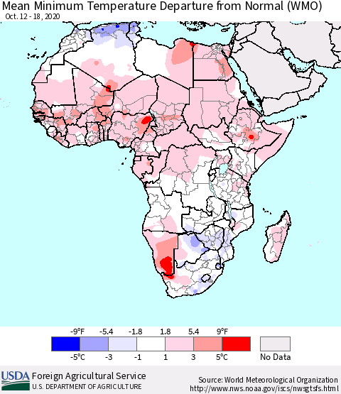 Africa Mean Minimum Temperature Departure from Normal (WMO) Thematic Map For 10/12/2020 - 10/18/2020