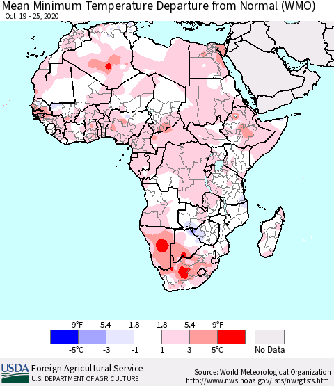 Africa Mean Minimum Temperature Departure from Normal (WMO) Thematic Map For 10/19/2020 - 10/25/2020