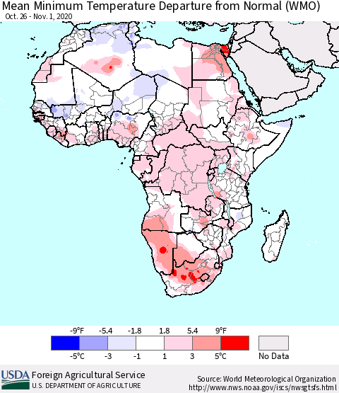 Africa Mean Minimum Temperature Departure from Normal (WMO) Thematic Map For 10/26/2020 - 11/1/2020