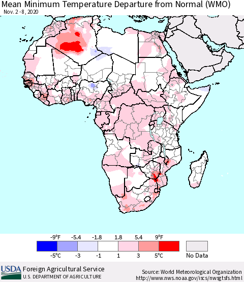 Africa Mean Minimum Temperature Departure from Normal (WMO) Thematic Map For 11/2/2020 - 11/8/2020