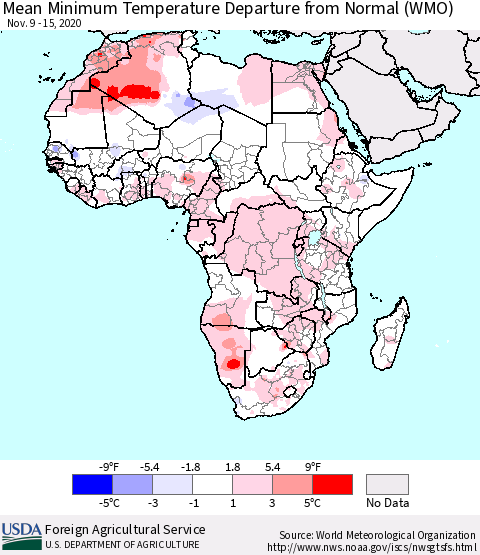 Africa Mean Minimum Temperature Departure from Normal (WMO) Thematic Map For 11/9/2020 - 11/15/2020