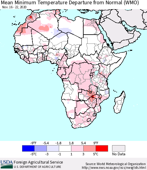 Africa Mean Minimum Temperature Departure from Normal (WMO) Thematic Map For 11/16/2020 - 11/22/2020
