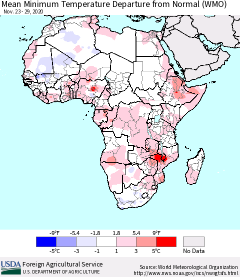 Africa Mean Minimum Temperature Departure from Normal (WMO) Thematic Map For 11/23/2020 - 11/29/2020
