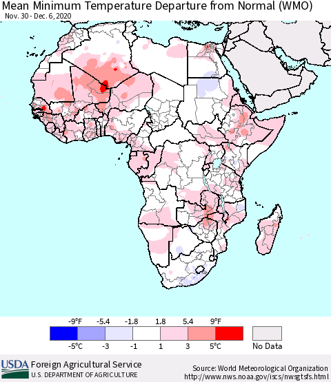 Africa Mean Minimum Temperature Departure from Normal (WMO) Thematic Map For 11/30/2020 - 12/6/2020