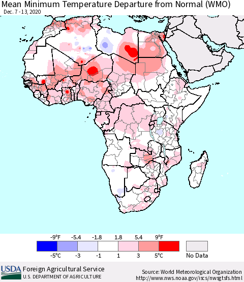 Africa Mean Minimum Temperature Departure from Normal (WMO) Thematic Map For 12/7/2020 - 12/13/2020