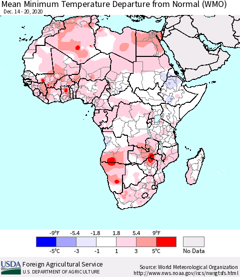 Africa Mean Minimum Temperature Departure from Normal (WMO) Thematic Map For 12/14/2020 - 12/20/2020