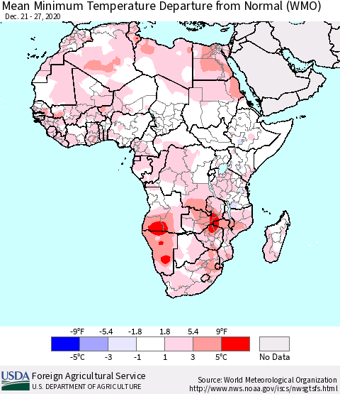Africa Mean Minimum Temperature Departure from Normal (WMO) Thematic Map For 12/21/2020 - 12/27/2020