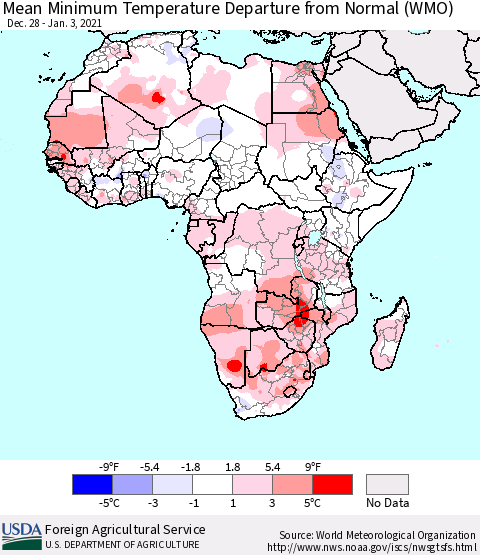 Africa Mean Minimum Temperature Departure from Normal (WMO) Thematic Map For 12/28/2020 - 1/3/2021