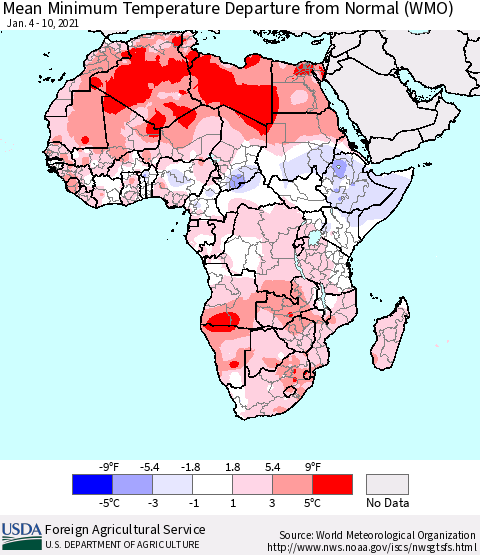 Africa Mean Minimum Temperature Departure from Normal (WMO) Thematic Map For 1/4/2021 - 1/10/2021