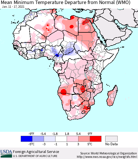 Africa Mean Minimum Temperature Departure from Normal (WMO) Thematic Map For 1/11/2021 - 1/17/2021