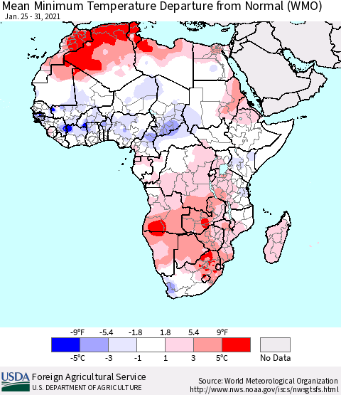 Africa Mean Minimum Temperature Departure from Normal (WMO) Thematic Map For 1/25/2021 - 1/31/2021