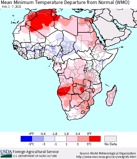 Africa Mean Minimum Temperature Departure from Normal (WMO) Thematic Map For 2/1/2021 - 2/7/2021