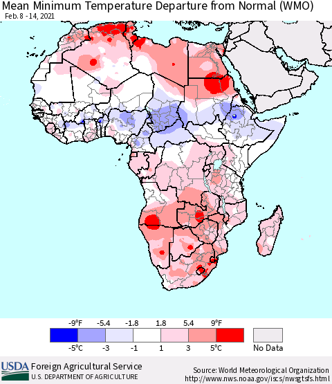 Africa Mean Minimum Temperature Departure from Normal (WMO) Thematic Map For 2/8/2021 - 2/14/2021