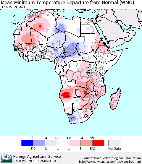 Africa Mean Minimum Temperature Departure from Normal (WMO) Thematic Map For 2/15/2021 - 2/21/2021