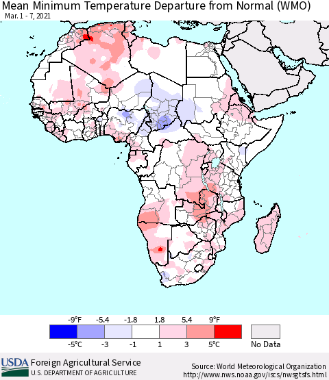Africa Mean Minimum Temperature Departure from Normal (WMO) Thematic Map For 3/1/2021 - 3/7/2021