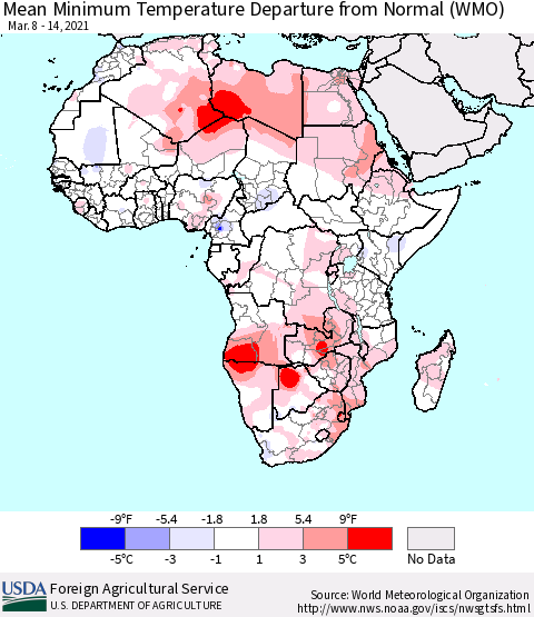 Africa Mean Minimum Temperature Departure from Normal (WMO) Thematic Map For 3/8/2021 - 3/14/2021