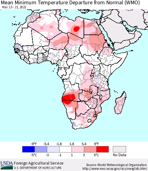 Africa Mean Minimum Temperature Departure from Normal (WMO) Thematic Map For 3/15/2021 - 3/21/2021