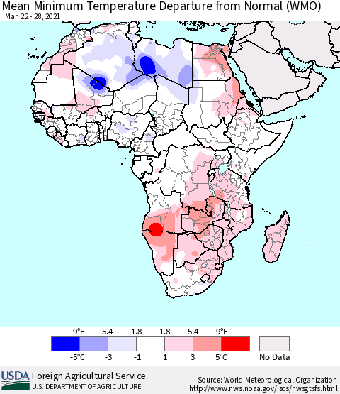 Africa Mean Minimum Temperature Departure from Normal (WMO) Thematic Map For 3/22/2021 - 3/28/2021