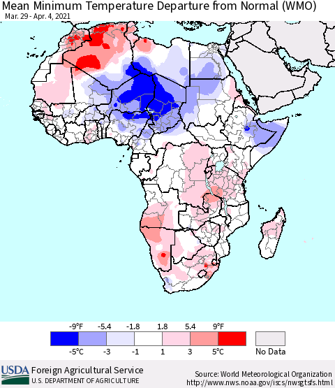 Africa Mean Minimum Temperature Departure from Normal (WMO) Thematic Map For 3/29/2021 - 4/4/2021