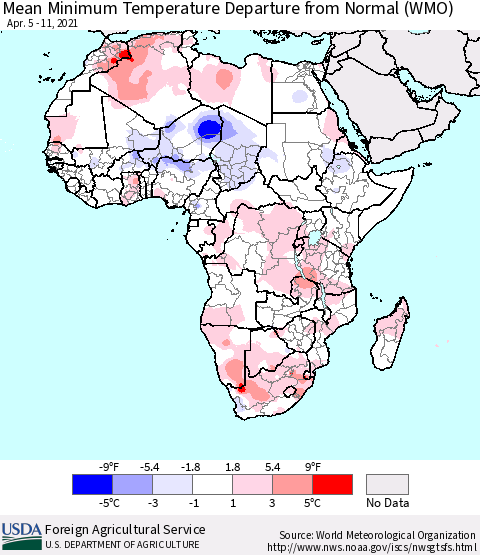 Africa Mean Minimum Temperature Departure from Normal (WMO) Thematic Map For 4/5/2021 - 4/11/2021