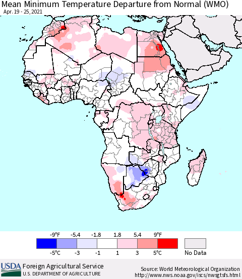 Africa Mean Minimum Temperature Departure from Normal (WMO) Thematic Map For 4/19/2021 - 4/25/2021