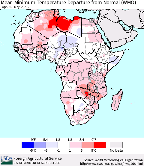 Africa Mean Minimum Temperature Departure from Normal (WMO) Thematic Map For 4/26/2021 - 5/2/2021