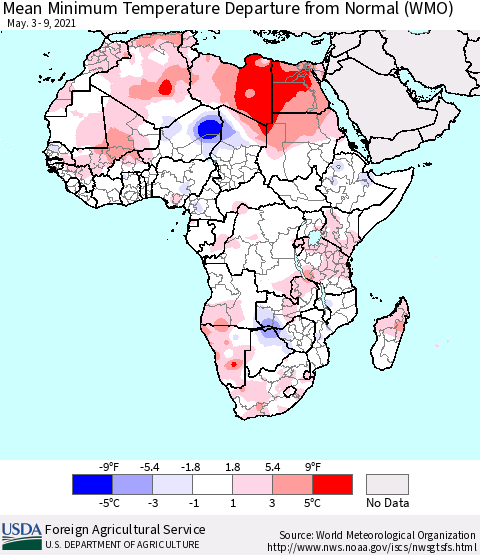 Africa Mean Minimum Temperature Departure from Normal (WMO) Thematic Map For 5/3/2021 - 5/9/2021