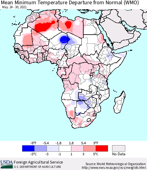 Africa Mean Minimum Temperature Departure from Normal (WMO) Thematic Map For 5/24/2021 - 5/30/2021