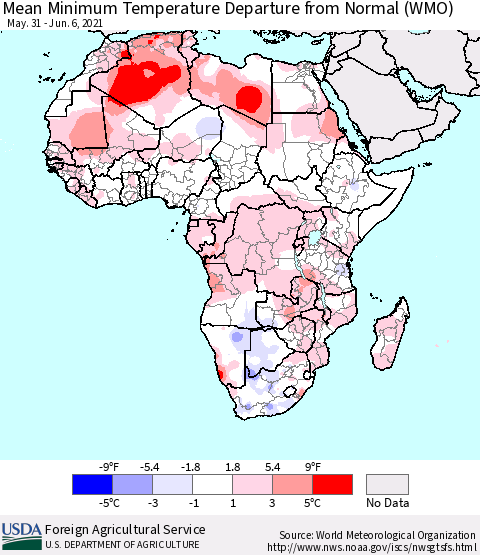 Africa Mean Minimum Temperature Departure from Normal (WMO) Thematic Map For 5/31/2021 - 6/6/2021