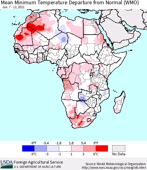 Africa Mean Minimum Temperature Departure from Normal (WMO) Thematic Map For 6/7/2021 - 6/13/2021