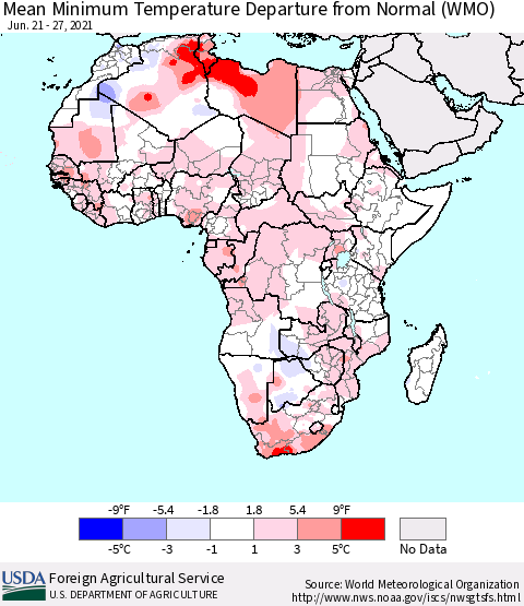 Africa Mean Minimum Temperature Departure from Normal (WMO) Thematic Map For 6/21/2021 - 6/27/2021