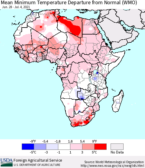 Africa Mean Minimum Temperature Departure from Normal (WMO) Thematic Map For 6/28/2021 - 7/4/2021