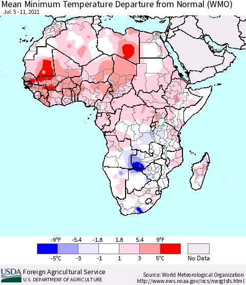 Africa Mean Minimum Temperature Departure from Normal (WMO) Thematic Map For 7/5/2021 - 7/11/2021
