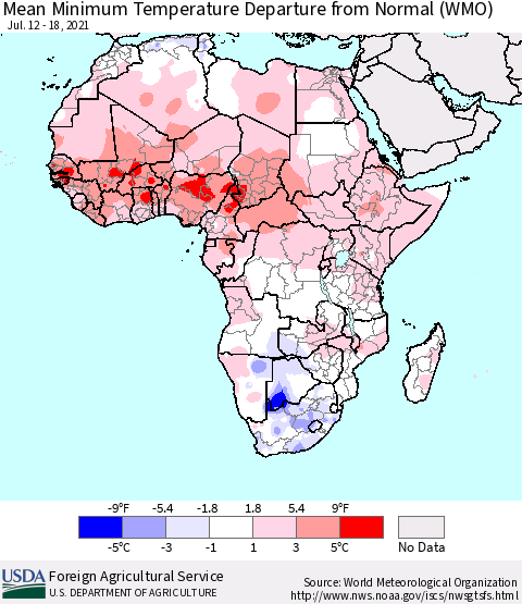 Africa Mean Minimum Temperature Departure from Normal (WMO) Thematic Map For 7/12/2021 - 7/18/2021