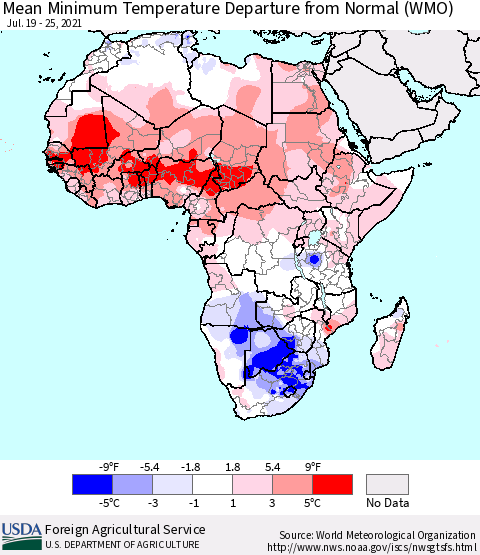 Africa Mean Minimum Temperature Departure from Normal (WMO) Thematic Map For 7/19/2021 - 7/25/2021