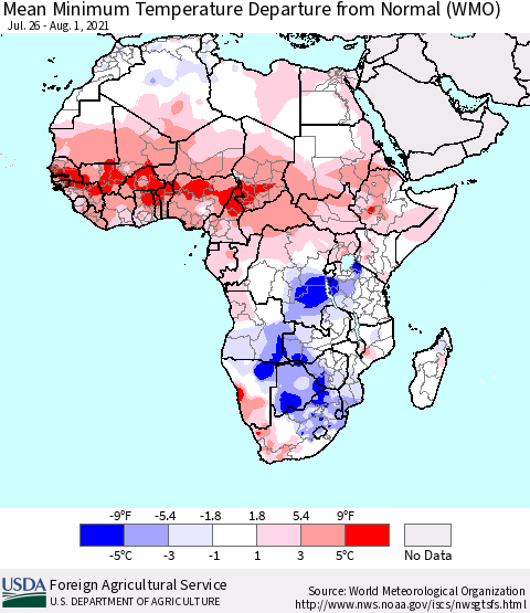 Africa Mean Minimum Temperature Departure from Normal (WMO) Thematic Map For 7/26/2021 - 8/1/2021