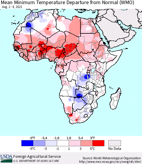 Africa Mean Minimum Temperature Departure from Normal (WMO) Thematic Map For 8/2/2021 - 8/8/2021
