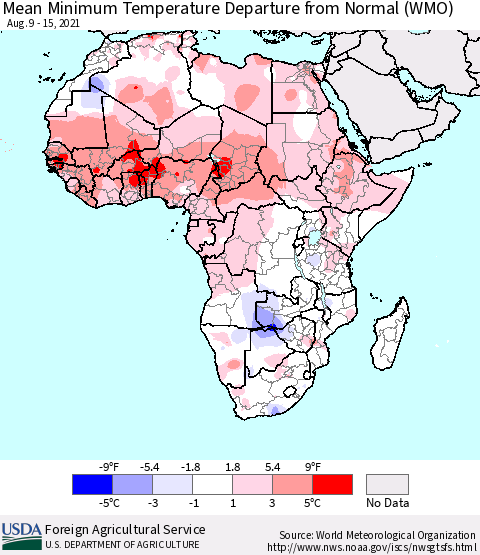 Africa Mean Minimum Temperature Departure from Normal (WMO) Thematic Map For 8/9/2021 - 8/15/2021