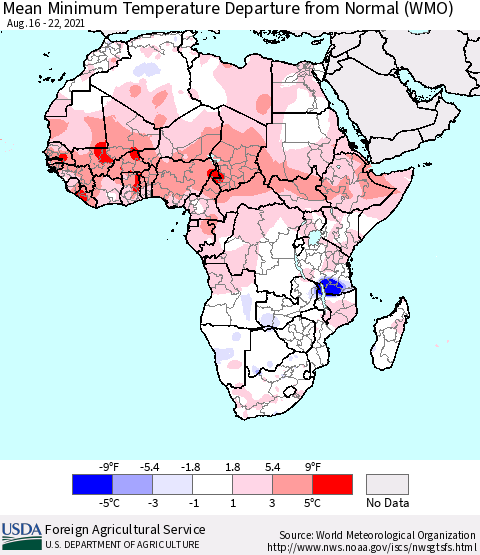 Africa Mean Minimum Temperature Departure from Normal (WMO) Thematic Map For 8/16/2021 - 8/22/2021