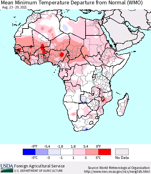 Africa Mean Minimum Temperature Departure from Normal (WMO) Thematic Map For 8/23/2021 - 8/29/2021