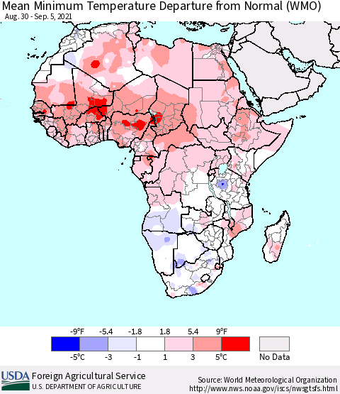 Africa Mean Minimum Temperature Departure from Normal (WMO) Thematic Map For 8/30/2021 - 9/5/2021