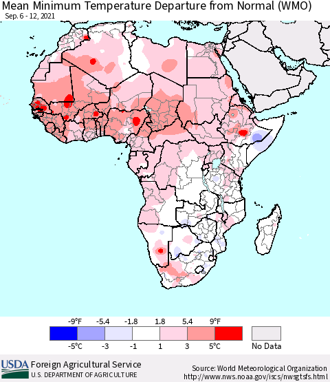 Africa Mean Minimum Temperature Departure from Normal (WMO) Thematic Map For 9/6/2021 - 9/12/2021