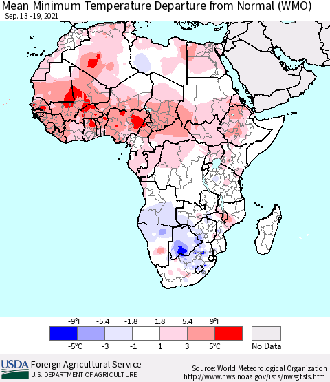 Africa Mean Minimum Temperature Departure from Normal (WMO) Thematic Map For 9/13/2021 - 9/19/2021