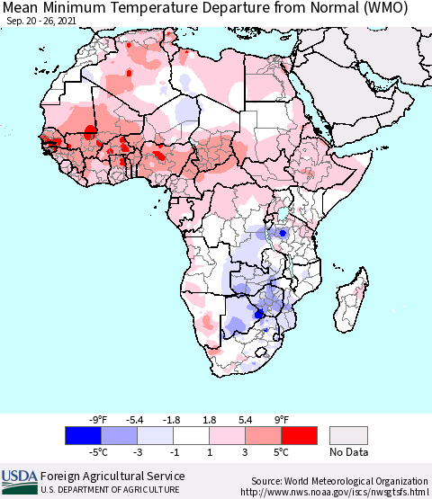 Africa Mean Minimum Temperature Departure from Normal (WMO) Thematic Map For 9/20/2021 - 9/26/2021