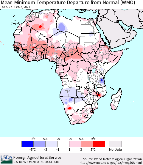 Africa Mean Minimum Temperature Departure from Normal (WMO) Thematic Map For 9/27/2021 - 10/3/2021