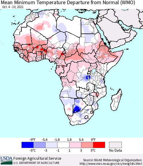 Africa Mean Minimum Temperature Departure from Normal (WMO) Thematic Map For 10/4/2021 - 10/10/2021